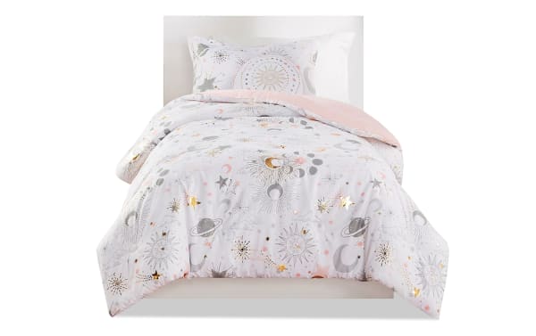 Despia Starry Sky Full/Queen comforter set in white microfiber with gold, pink celestial prints. Contemporary reversible 4-piece bedding with stars, moons, and planets.