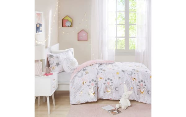 Despia Starry Sky Full/Queen comforter set in white, gold, and pink microfiber fabric with celestial sun, moon, and star prints, contemporary style.