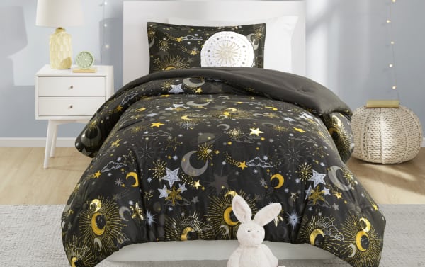 Despia Starry Sky Full/Queen comforter set in charcoal with gold, white, and gray celestial prints. Glam microfiber polyester fabric, reversible design with stars, moons, and cosmic patterns. Soft, novelty bedding for kids’ rooms.
