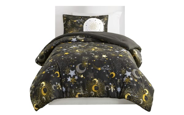 Despia Starry Sky Full/Queen reversible comforter set in charcoal with gold, white, and gray celestial prints, microfiber polyester glam bedding.