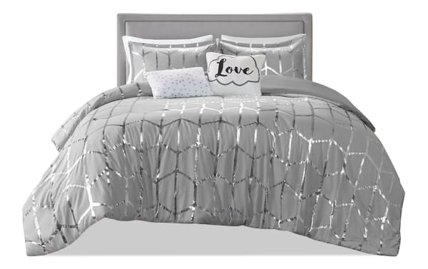 Tina King Gray & Silver Geometric 5 Piece Comforter Set in polyester fabric with metallic geometric print and polka dot accent pillows, contemporary style.