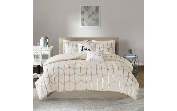 Tina King Ivory & Gold Geometric 5 Piece Comforter Set in polyester fabric with metallic gold geometric and polka dot prints, contemporary beige bedding.