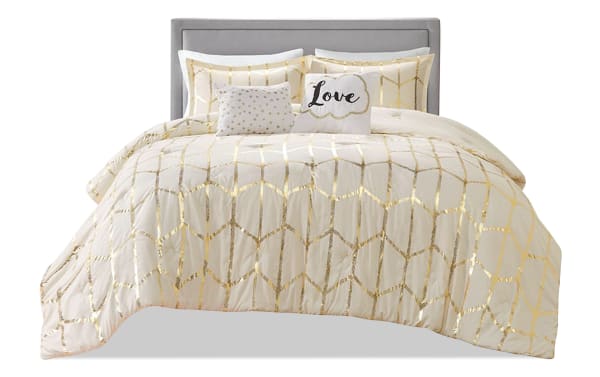 Tina Twin/Twin XL Ivory & Gold Geometric 4 Piece Comforter Set with metallic gold geometric print, polka dot and "Love" accent pillows, polyester fabric, contemporary beige bedding.