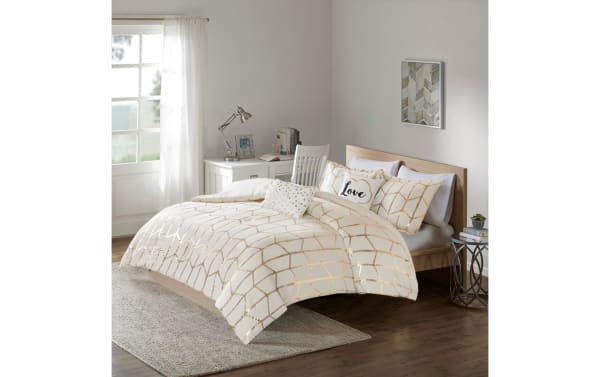 Tina Twin/Twin XL Ivory & Gold Geometric 4 Piece Comforter Set with metallic gold geometric and polka dot prints on ivory polyester fabric, contemporary style.