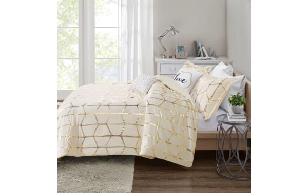 Tina Twin/Twin XL Ivory & Gold Geometric 4 Piece Comforter Set with metallic gold geometric print on ivory polyester fabric, contemporary beige bedding.