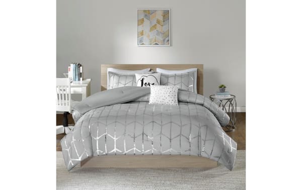 Tina Full/Queen 5-piece comforter set in gray polyester fabric with silver geometric metallic print, polka dot accent pillow, contemporary style.