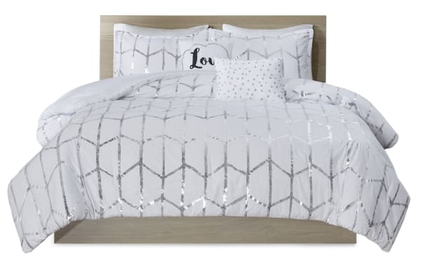 Tina Full/Queen white geometric 5-piece comforter set with silver metallic prints and polka dots, made of polyester microfiber, contemporary style.
