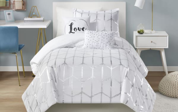 Tina Twin/Twin XL White Geometric 4 Piece Comforter Set featuring white polyester microfiber fabric with silver metallic geometric and polka dot prints in a contemporary style.