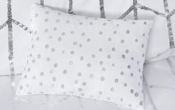 White and silver polka dot polyester microfiber pillow from the Tina Twin/Twin XL White Geometric 4 Piece Comforter Set, featuring contemporary metallic print design.