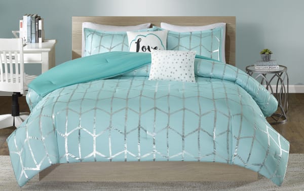 Tina Full/Queen Turquoise Geometric 5 Piece Comforter Set with aqua microfiber fabric, silver metallic geometric print, and white accent pillows, contemporary style.