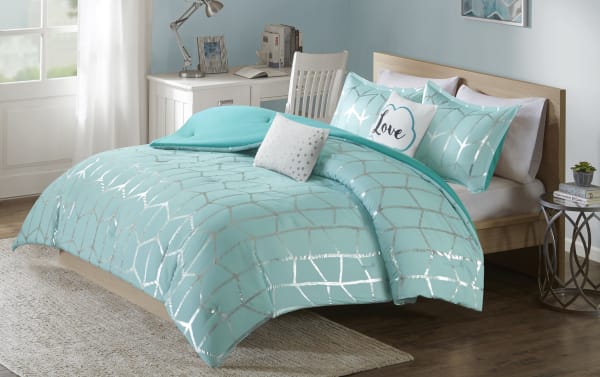 Tina Full/Queen Turquoise Geometric 5 Piece Comforter Set with aqua microfiber fabric, silver metallic geometric print, and white accent pillows in contemporary style.