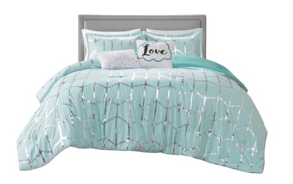 Tina Full/Queen turquoise geometric 5-piece comforter set with aqua microfiber fabric, silver metallic print, white and black accent pillows, contemporary style.