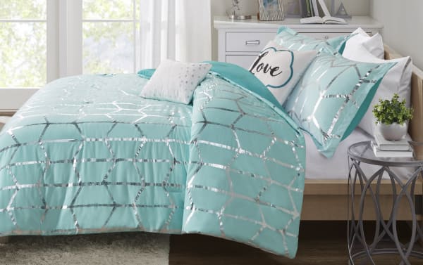Tina Full/Queen Turquoise Geometric 5 Piece Comforter Set in aqua blue polyester microfiber with silver metallic geometric print, white and black accent pillows, contemporary style for a stylish bedroom upgrade.