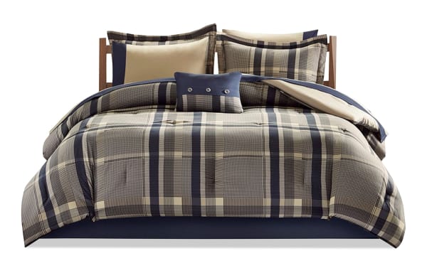 Roderic Twin Taupe Plaid 7 Piece Comforter Set in taupe, navy, and white microfiber. Transitional style with plaid pattern, includes shams and sheets.