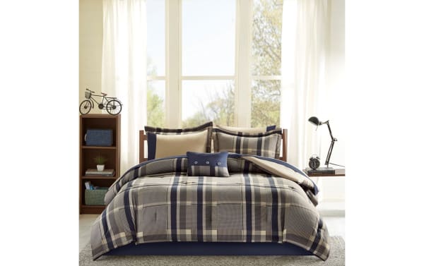 Roderic Twin Taupe Plaid 7 Piece Comforter Set in taupe, navy, and white microfiber with plaid pattern, transitional style bedding for guest rooms or cabins.