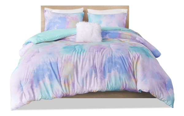Gaze Twin/Twin XL Multi Abstract Reversible 3 Piece Comforter Set in pastel blue, green, pink microfiber with contemporary abstract design, soft and colorful.