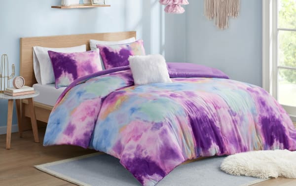 Gaze Full/Queen Purple Abstract Reversible 4 Piece Comforter Set in microfiber polyester with vibrant purple, pink, blue, turquoise, and orange abstract design, contemporary style, soft and fluffy for cozy bedroom decor.