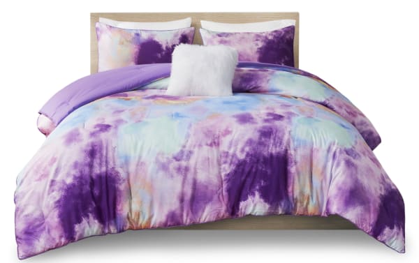 Gaze Full/Queen Purple Abstract Reversible 4 Piece Comforter Set with microfiber polyester fabric, featuring a contemporary purple, pink, blue, turquoise, and orange tie-dye design in lavender tones.
