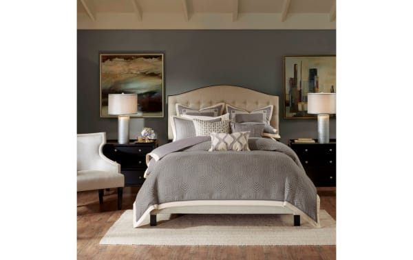 Humphrey King Gray Geometric 9 Piece Comforter Set in polyester fabric with contemporary gray geometric pattern, includes comforter, shams, and decorative pillows with embroidered and woven details for a cohesive bedroom look.