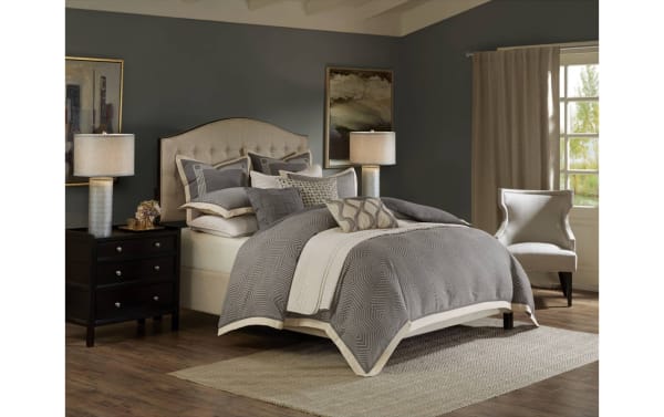 Humphrey King Gray Geometric 9 Piece Comforter Set in gray polyester fabric with textured geometric patterns, decorative embroidered and woven pillows, and removable insert for a contemporary bedroom look.