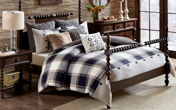 Aspen Lodge Queen Brown Plaid 8 Piece Comforter Set with oversized cotton jacquard comforter, button details, matching plaid shams, and decorative pillows.