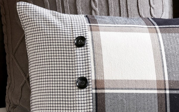 Brown plaid cottage-style pillow with black buttons, part of Aspen Lodge Queen Brown Plaid 8 Piece Comforter Set in cotton blend fabric
