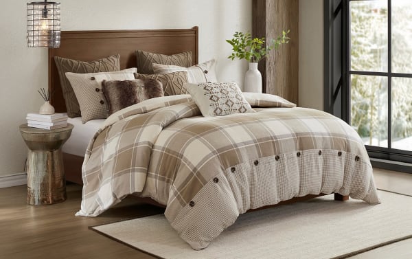 Aspen Lodge King Beige Plaid 9 Piece Comforter Set in cream, brown, and beige farmhouse style with 100% cotton jacquard, button accents, matching and knitted Euro shams, and decorative pillows for a cozy, textured bedroom look.
