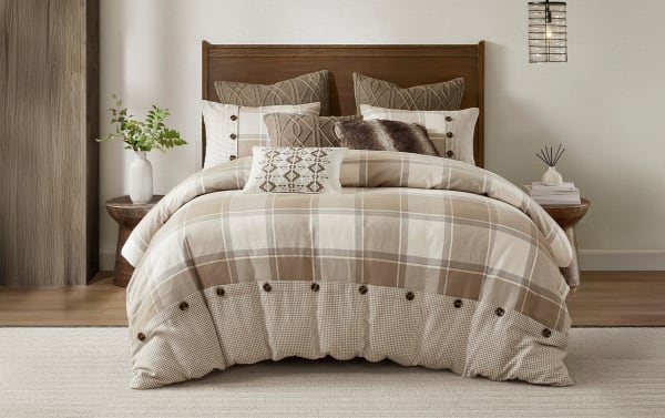 Aspen Lodge King Beige Plaid 9 Piece Comforter Set with oversized cotton jacquard comforter, plaid and button details, matching shams, and decorative pillows in cream, brown, and beige farmhouse style.
