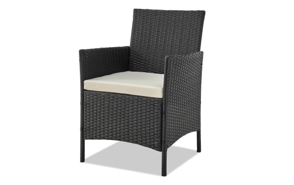 Transitional Mikado 3 Piece Cream Wicker Conversation Set armchair with iron frame, polyester fabric cushion, and woven rattan design for outdoor patio seating.
