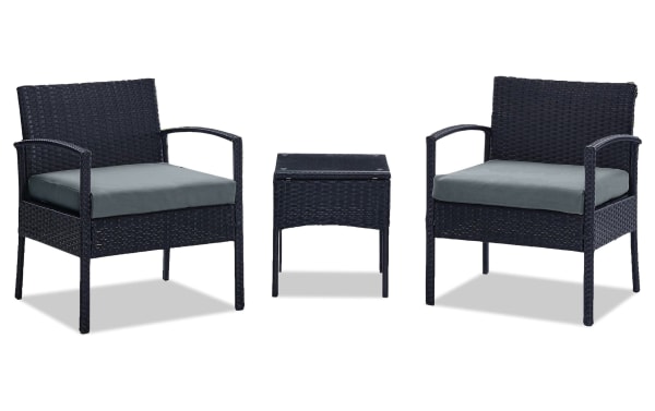 Dianta 3 Piece Gray Wicker Outdoor Conversation Set with two gray polyester cushioned chairs and a compact wicker end table, transitional style.