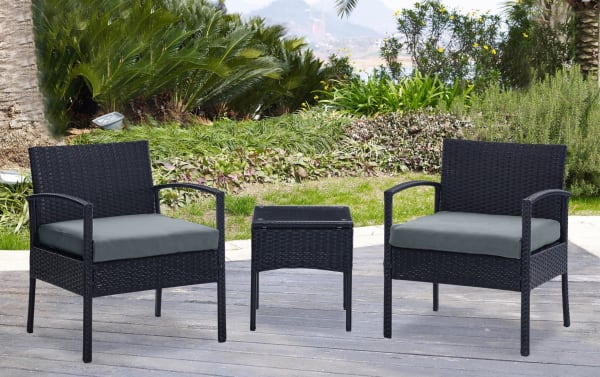 Dianta 3 Piece Gray Wicker Outdoor Conversation Set with two cushioned armchairs and a compact end table, made of iron, steel, and polyester fabric.