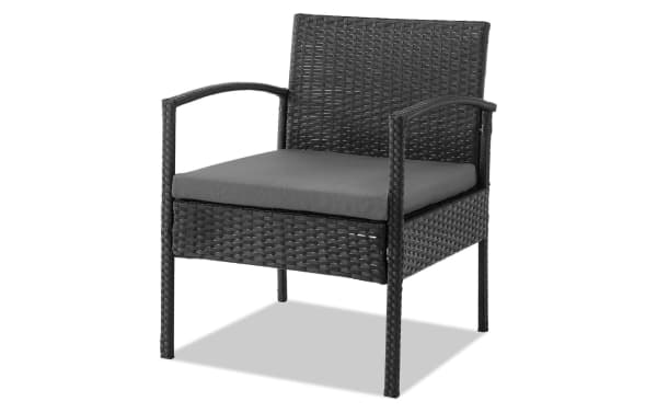 Gray wicker outdoor chair from Dianta 3 Piece Gray Wicker Outdoor Conversation Set, featuring iron and steel frame with gray polyester cushion, transitional style.