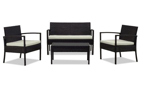 Dianta 4 Piece Cream Outdoor Conversation Set with iron and steel frame, cream polyester cushions, two chairs, loveseat, and tempered glass coffee table in transitional style.