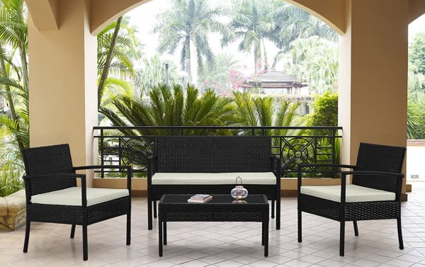 Dianta 4 Piece Cream Outdoor Conversation Set with iron and steel frame, polyester fabric cushions, transitional style loveseat, 2 chairs, and tempered glass coffee table.
