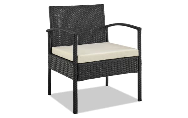Transitional Dianta 4 Piece Cream Outdoor Conversation Set chair with black iron and steel frame, cream polyester cushion, woven rattan style