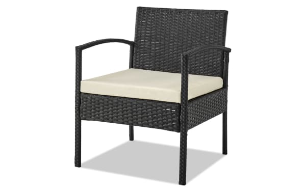Transitional style Dianta 4 Piece Cream Outdoor Conversation Set chair with black iron and steel frame, cream polyester cushion, woven rattan design.