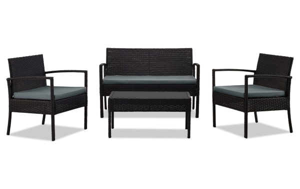 Dianta 4 Piece Gray Outdoor Conversation Set with iron and steel frame, gray polyester cushions, tempered glass coffee table, transitional style.