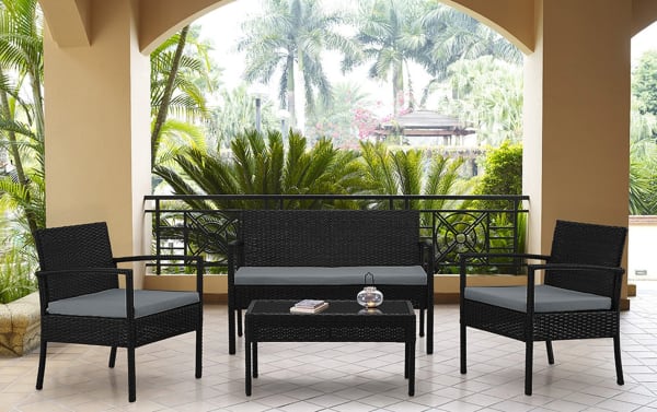 Dianta 4 Piece Gray Outdoor Conversation Set with iron and steel frame, polyester fabric cushions, transitional style loveseat, two chairs, and tempered glass coffee table.