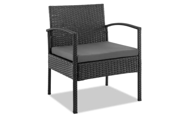 Gray Dianta 4 Piece Outdoor Conversation Set chair with iron frame, polyester fabric cushion, and woven steel design in transitional style