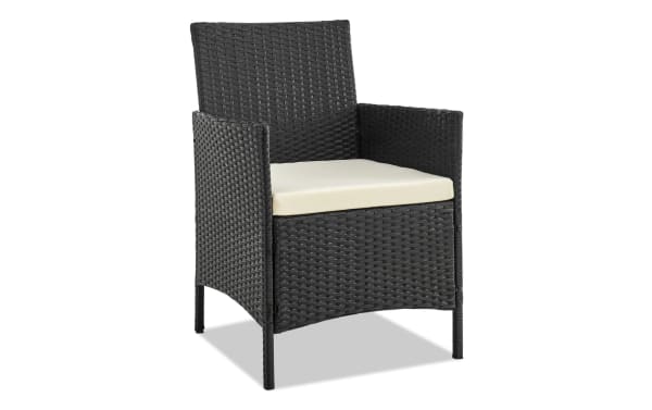 Transitional Mikado 4 Piece Cream Wicker Outdoor Chair with durable iron frame, polyester fabric cushions, and classic rattan weave for patio seating.