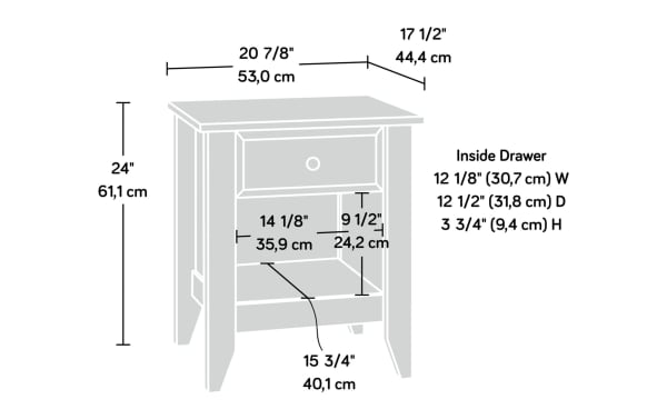 Janis Natural Nightstand with Drawer, transitional wood bedside table in natural finish, 24" H x 20 7/8" W x 17 1/2" D, with smooth metal runner drawer and bottom storage shelf. Drawer inside dimensions: 12 1/8" W x 12 1/2" D x 3 3/4" H.