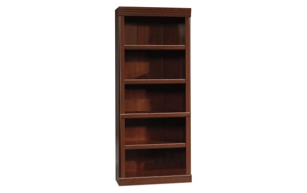Adulfo 71.3'' cherry transitional 5-shelf bookcase with sleek cherry finish, particle board and MDF, three adjustable shelves, enclosed back with cord access.