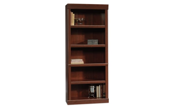 Adulfo 71.3" cherry transitional 5-shelf bookcase with sleek cherry finish, particle board/MDF, three adjustable shelves, enclosed back, and cord access.