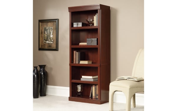 Adulfo 71.3'' cherry transitional 5-shelf bookcase with sleek finish, particle board and MDF construction, three adjustable shelves, enclosed back, and cord access.
