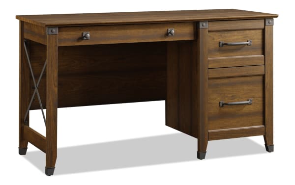 Transitional Akila Cherry 3 Drawer Desk in warm brown particle board with metal handles, three smooth-glide drawers, and sturdy X-brace legs for home office or writing space.