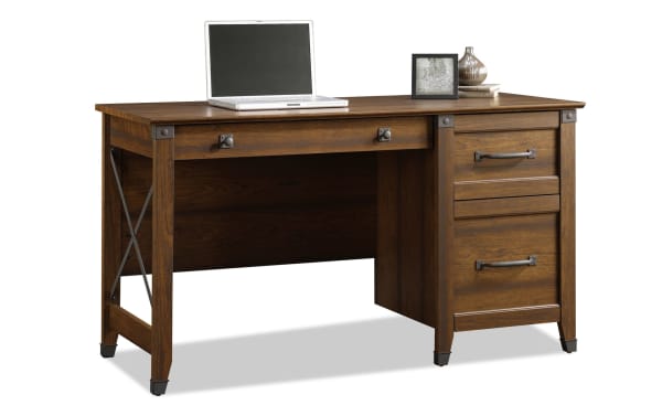 Transitional Akila Cherry 3 Drawer Desk in warm brown particle board with metal handles, metal drawer runners, and safety stops, ideal for writing and storage.
