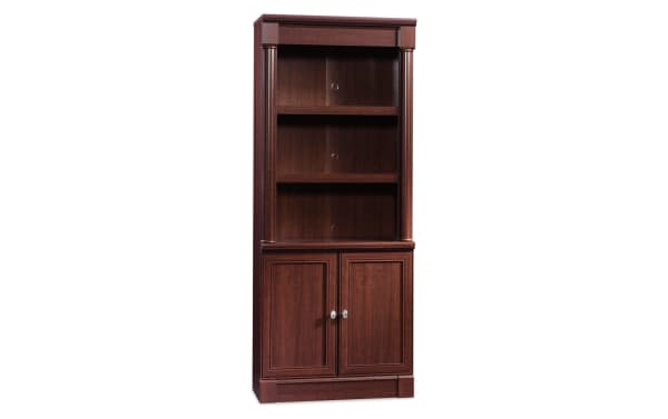 Detlof 71.9" cherry transitional 2-shelf bookcase made of particle board, featuring adjustable shelves, hidden cabinet storage, and slide-on moldings.