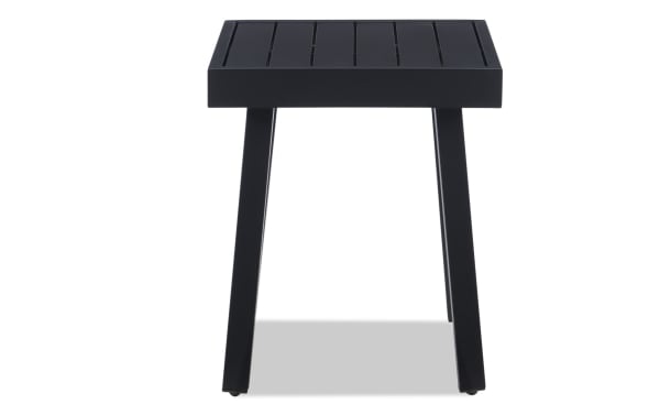 Suvi Black Aluminum Outdoor Side Table from Suvi Outdoor collection, featuring a modern transitional style with rust-resistant black powder-coated aluminum and steel slatted top.