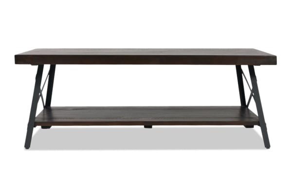 Frankton Espresso Coffee Table with industrial metal legs and natural pine solids wood top, featuring a lower shelf for storage and clutter-free surface.