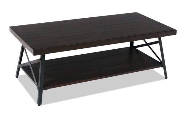 Frankton Espresso Coffee Table with industrial metal legs and dark pine solid wood top, featuring a lower shelf for storage and a natural wood finish.